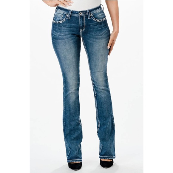 Charme by Grace in LA Jeans Women's Aztec Embroidered Bootcut Stretch Jeans - Picture 2 of 3